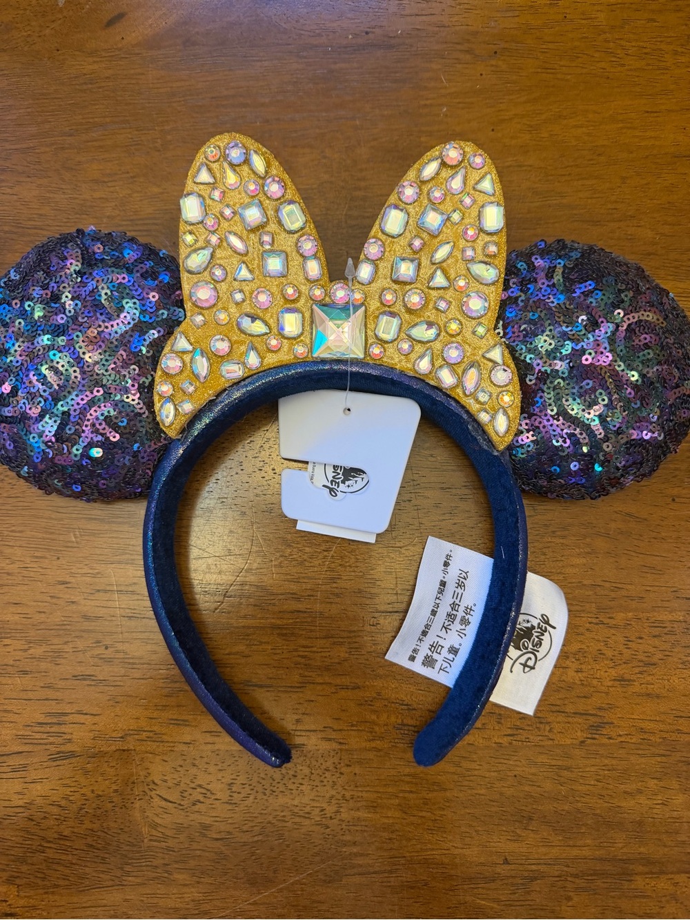 Disney Sequin Minnie Ears Headband - Gold Bow with Iridescent Blue Ears